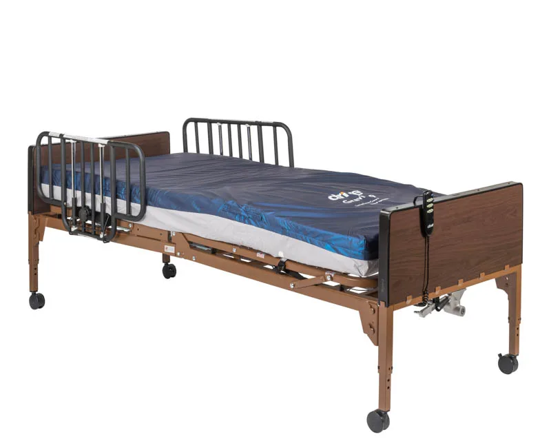 Example home hospital bed with mattress and half rails